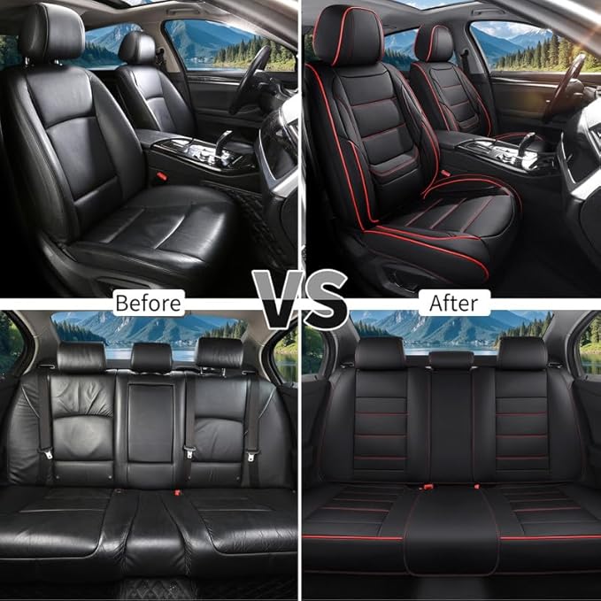 Car Seat Covers Full Set Custom Fit for Ford Escape 2001-2025 2026-Luxury Leather with Lumbar Support, Breathable, Waterproof, Anti-Slip, Durable, Easy to Install (Black&Red,Full Set)