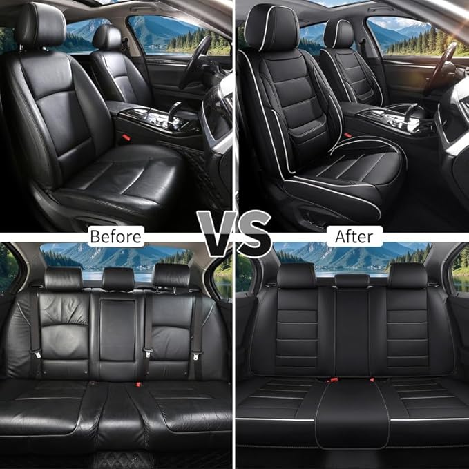 Car Seat Covers Full Set Custom Fit for Mercury Grand Marquis 1995-2011-Luxury Leather with Lumbar Support, Breathable, Waterproof, Anti-Slip, Durable, Easy to Install (Black&White,Full Set)