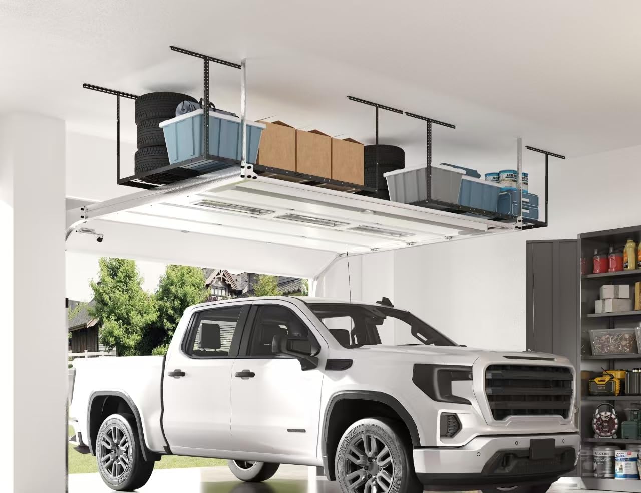 FLEXIMOUNTS 4x6 Overhead Garage Storage Adjustable Ceiling Rack 72" Length x 48" Width x 40" Height, 450lbs Weight Capacity, Black