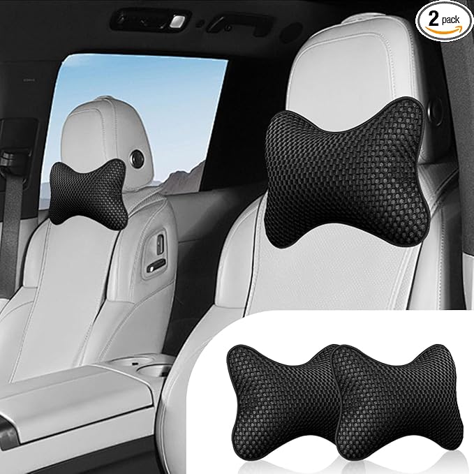 2PCS Car Headrest Pillow, Breathable Leather Car Neck Pillow, Soft Cloud Silk Cotton Neck Support Relief Cushion, Comfortable Automotive Seat Head Rest Pad for Driving Fatigue Relief (Black)