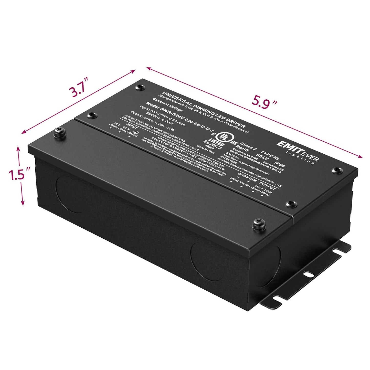 EMITEVER 30W Dimmable LED Driver, 24V Triac Dimmable Power Supply, AC to DC Transformer for LED Light, Compatible with Lutron and Leviton Dimmer, Waterproof IP67 and UL Listed, Class 2