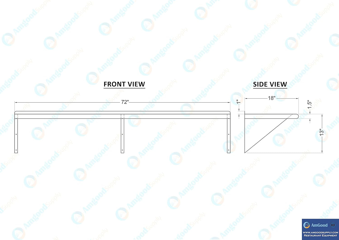 AmGood 72" Long X 18" Deep Stainless Steel Wall Shelf | NSF Certified | Appliance & Equipment Metal Shelving | Kitchen, Restaurant, Garage, Laundry, Utility Room