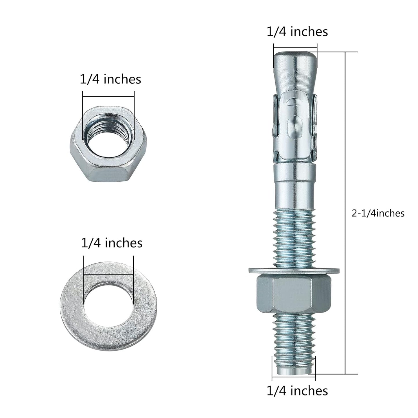 1/4x2-1/4" 30Pcs Inch Standard Fasteners for Heavy-Duty Zinc Wedge Anchors for Cement and Concrete