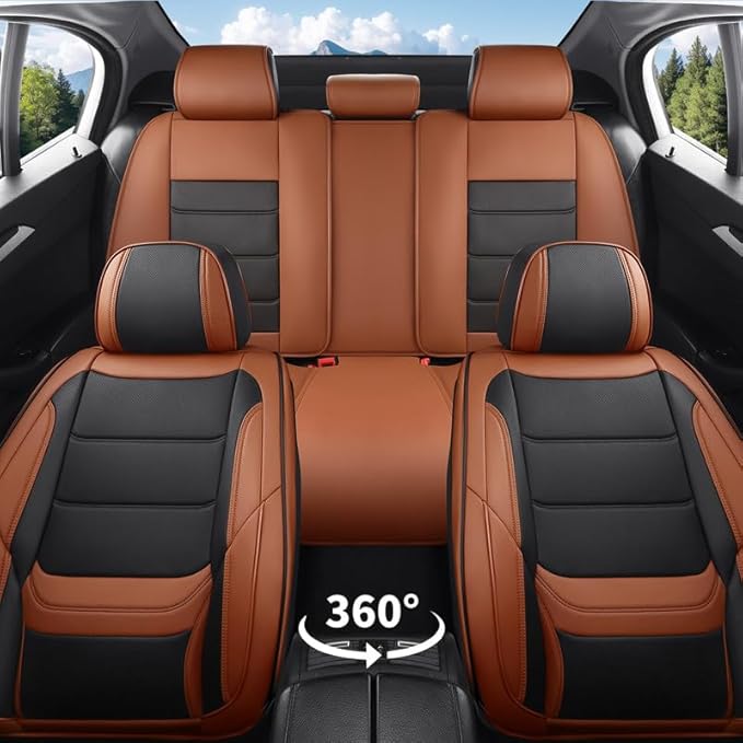 Car Seat Covers Full Set Custom Fit for Ford Fusion 2007-2020-Luxury Leather with Lumbar Support, Breathable, Waterproof, Anti-Slip, Durable, Easy to Install (BlackBrown,Full Set)