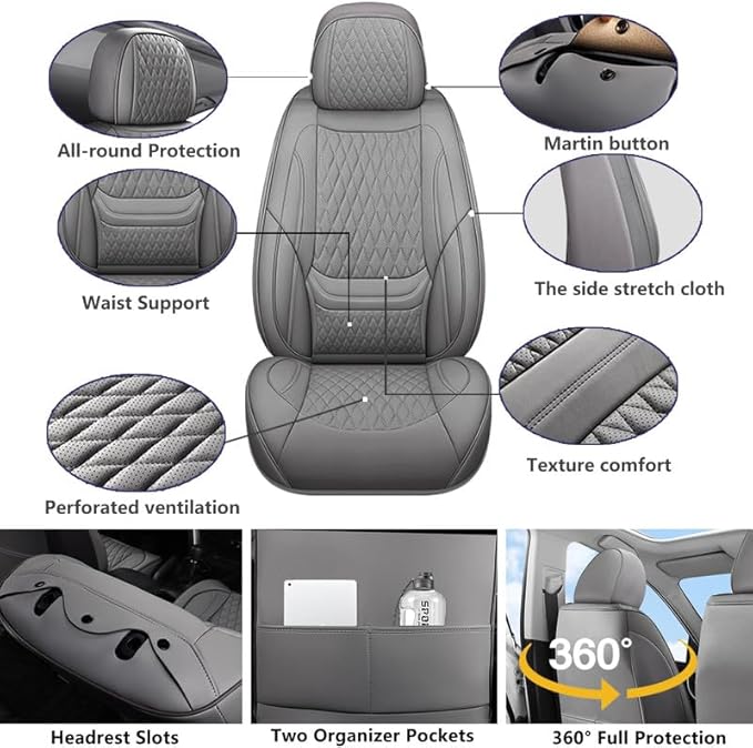 Car Seat Covers Full Set Custom Fit for Saturn Ion 2003-2010 - Premium Faux Leather with Lumbar Support | Breathable, Waterproof, Anti-Slip, Durable (Gray,Full Set)