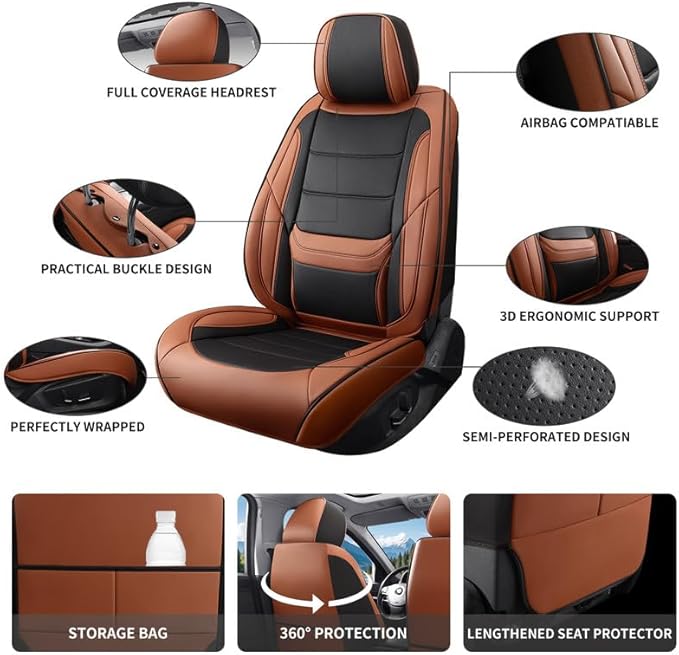 Car Seat Covers Full Set Custom Fit for Chevy Cruze 2011-2019-Luxury Leather with Lumbar Support, Breathable, Waterproof, Anti-Slip, Durable, Easy to Install (BlackBrown,Full Set)