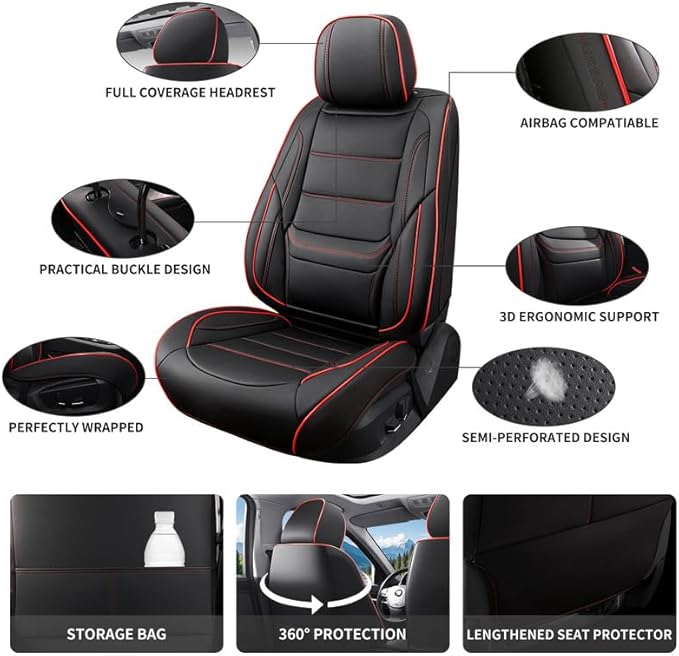 Car Seat Covers Full Set Custom Fit for Saturn ION 2003-2010-Luxury Leather with Lumbar Support, Breathable, Waterproof, Anti-Slip, Durable, Easy to Install (Black&Red,Full Set)
