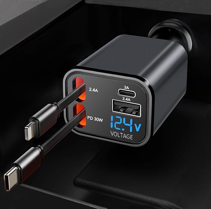 Retractable Car Charger, 4 in 1 Fast Car Charging USB c,Road Trip Essentials,Travel Essentials Gifts for Women Men, Car Accessories for iPhone 16 15 14 13 12, Samsung, Black