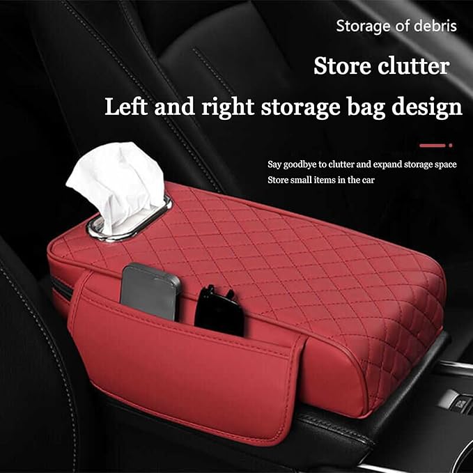 Car Center Console Cover for Fiat 500L (Type 330) 2012-2021, Leather Car Arm Rest Cover, Car Armrest Cushion with 2 Storage Bags Car Center Console Armrest Pad, C Black+Red