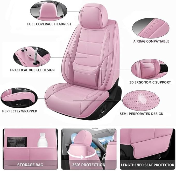 Car Seat Covers Custom Fit for Chevrolet/Chevy Bolt 2016-2026, Premium Faux Leather Waterproof Car Seat Protectors with Lumbar Support, Breathable Anti-Slip Easy to Install(Pink,Full Set)