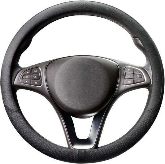 COFIT Breathable Car Steering Wheel Cover 15 inch Auto Universal Leather Wrap Non-Slip Steeringwheel Protector Automotive Interior Accessories, Black (Suit for 14.5-15 inch)