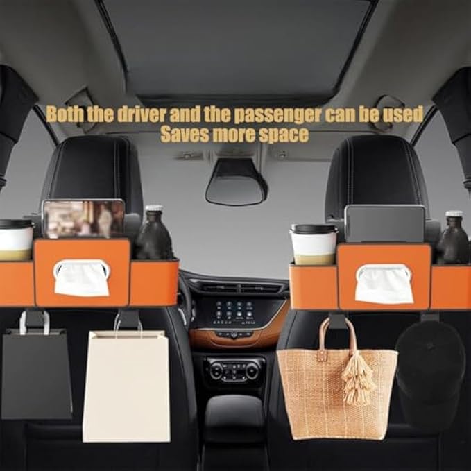 Car Organizers and Storage Box, Multifunctional Car Organizer and Storage Box Back Seat, 3-in-1 Holder Tissue Dispenser, Phone Stand for Snacks, Drinks, Bag Hook, Keep Tidy & Organized (Brown)