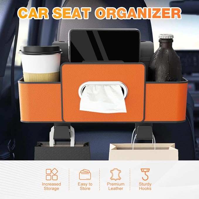 Back Seat Car Organizer,3 in 1 Car Backseat Storage Box with Cup Holder,Tissue Box,Trash Bin&Hooks,Multifunctional Waterproof Storage for Hold Phones Snacks Drinks Handbags (1, Brown)