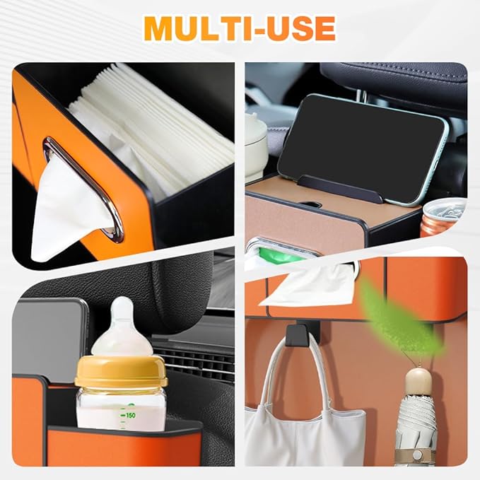 Back Seat Car Organizer,3 in 1 Car Backseat Storage Box with Cup Holder,Tissue Box,Trash Bin&Hooks,Multifunctional Waterproof Storage for Hold Phones Snacks Drinks Handbags (2, Brown)