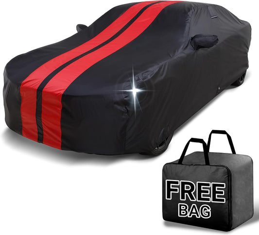iCarCover Custom Car Cover for Chevy Volt (2011-2021) Waterproof All Weather Rain Snow UV Sun Protector Full Exterior Indoor Outdoor Car Cover (Stripe - Black/Red)