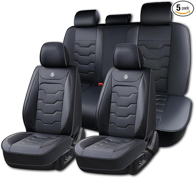Universal Car Seat Covers, Black, Waterproof Synthetic Leather, Full Set, Non-Slip, Contoured Fit, Fits Most Vehicles, Upgraded Protection for Car Interiors, Airbag Compatible