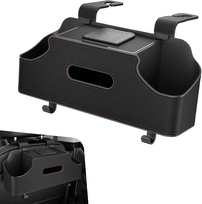 1 PC Backseat Organizer with Dual Cup Holder, Multi-function Tissue Hanging Box and 2 Hooks, Extra Rear Seat Road Trip Storage Accessories, Universal for Most Cars, Trucks, SUVs (Black)