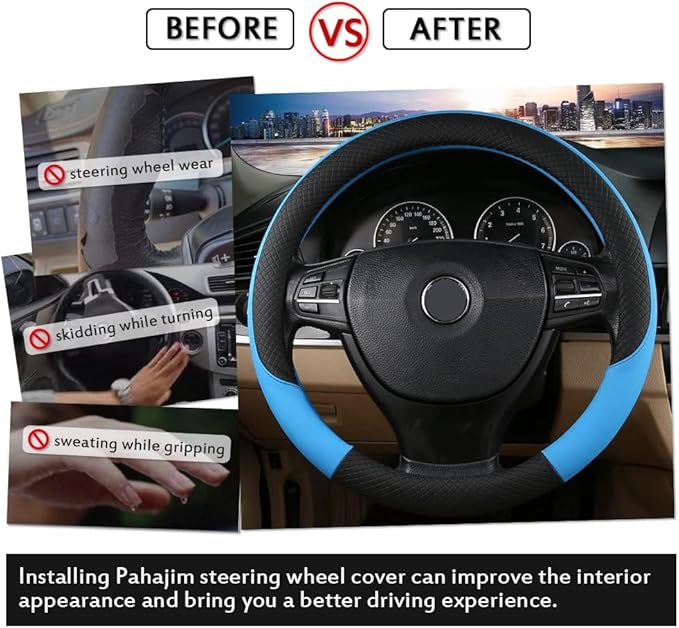 Pahajim Steering Wheel Cover Flat Bottom, D Shaped Car Steering Wheel Wrap PU Leather Anti Skid 14.5-15 Inch (37-38cm) Cubre Volantes Carros for Women Men (Black)