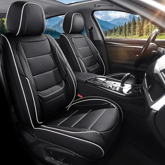 Car Seat Covers Full Set Custom Fit for Chevrolet/Chevy Malibu 2000-2025 2026-Premium Faux Leather with Lumbar Support, Breathable, Waterproof, Anti-Slip, Easy to Install (Black&White,Full Set)