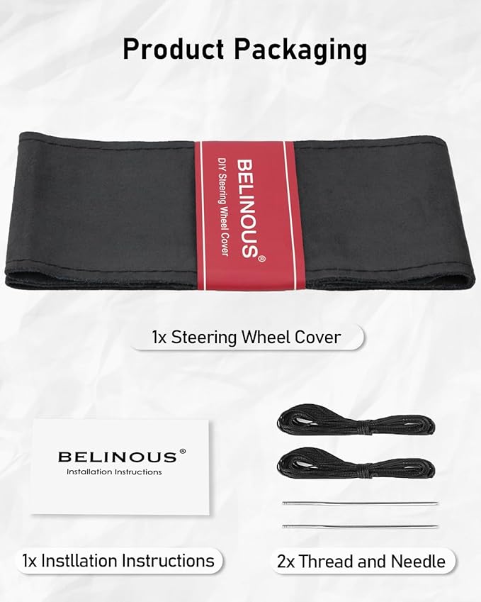 BELINOUS Suede Leather Steering Wheel Cover, DIY Stitch-On Steering Wheel Wrap with Needle & Thread, Non-Slip & Sweat-Absorbing, Universal Fit for 13.75-16 Inch (Size S5, Black)