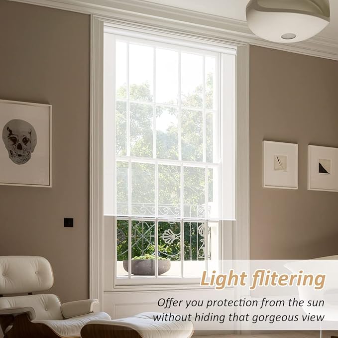 LUCKUP Light Filtering Roller Shades for Windows, Cordless Semi Sheer Solar Blinds with 5% Openness Free-Stop Window Shades for Home & Office, White 31" W x 72" L