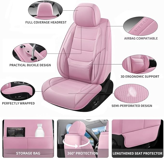 Car Seat Covers Full Set Custom Fit for Ford Maverick 2022-2025 - Premium Leather with Lumbar Support, Breathable, Anti-Slip & Excellent Seating Experience (Pink, Full Set)