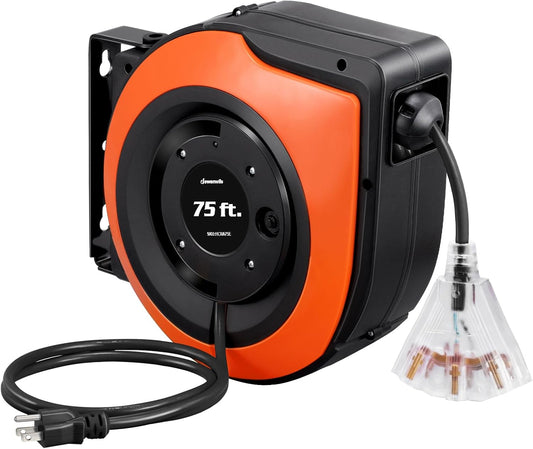 DEWENWILS Retractable Extension Cord Reel, 75 FT Heavy Duty Power Cord, 14/3C SJTOW, Lighted Triple Tap Outlets, 10A Circuit Breaker, Wall/Ceiling Mounted for Garage, Workshop, UL Listed