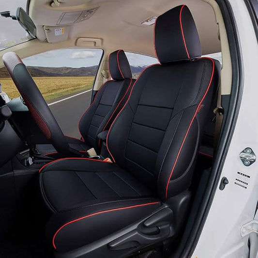 EKR Rav4 Seat Covers Custom Fit for Toyota Rav4 LE(NOT for Hybrid) 2013 2014 2015 2016 2017 2018,Leather Car Seat Cover for Trucks SUV Full Set,Faux Leather(Black with Red Trim)