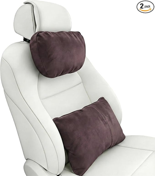 2PCS Car Pillow for Car Neck Pillow for Driving Seat Neck Support Soft Cushion Back Support Head-Rests for Vehicle Sleeping with Elastic Adjustment Strap (Coffee, Head and Lumbar)