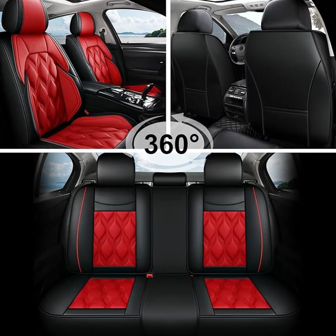 AOMSAZTO Car Seat Cover Full Set 5 Seats Fit for Ford Escape 2001-2026 Leather Car Seat Cushion Protector Compatible Airbag Waterproof Automotive Seat Covers Black&Red