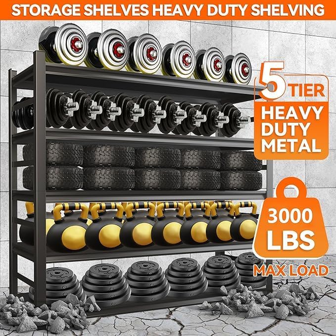 Heavy Duty Garage Shelving, 87" H x 47.2" W x 23.6" D, 3000 lbs Load Capacity, Sturdy Steel Metal Shelves for Storage, Industrial Black 5-Tier Shelving Rack for Garage, Basement, and Workshop