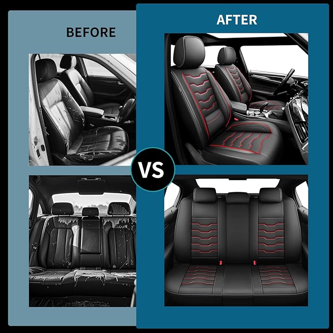 Fit Versa Car Seat Covers Compatible with Nissan Versa 2008-2025 2026 - Full Set Premium Leather， Waterproof Breathable， All-Weather Seat Cushion Protecto&Airbag Compatible（Red Line Black