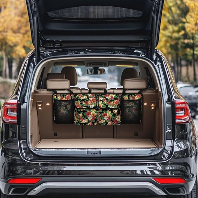 Tropical Flower Leaves Auto Back Seat Trunk Organizer Hanging Car Organizer Trunk Foldable Cargo Storage with 4 Large Pockets 3 Adjustable Straps 37x11.8inch