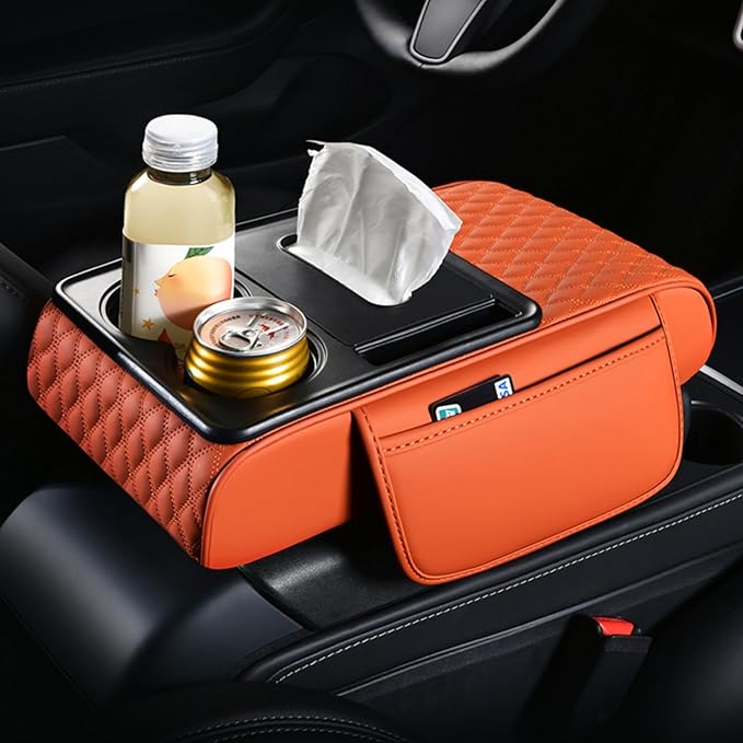 Car Center Console Armrest Pad, Arm Rest Box Cushion with Ergonomic Height Boost, Storage Pockets, Built-in Tissue Box, Cupholder, Fit for Most Sedan Vehicles (Embroidery Water Ripple, Orange)