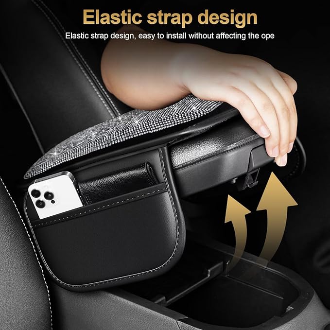 Bling Center Console Cover Fit for Toyota bZ4X with 2 Storage Bags Fully Diamond-Studded Style Center Console Armrest Cover with Total Protection(Silver Diamond)