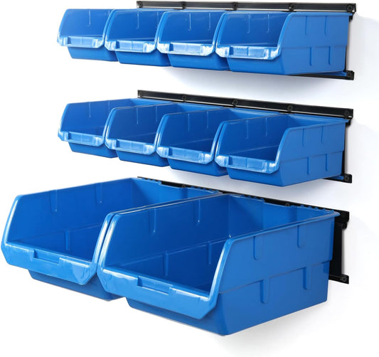 Wallmaster Wall Mounted Storage Bins, Wall Storage Bins Parts Rack 10 Bins&3 Rails Wall Mount Tool Organizer Hardware Storage Organizer (Blue)