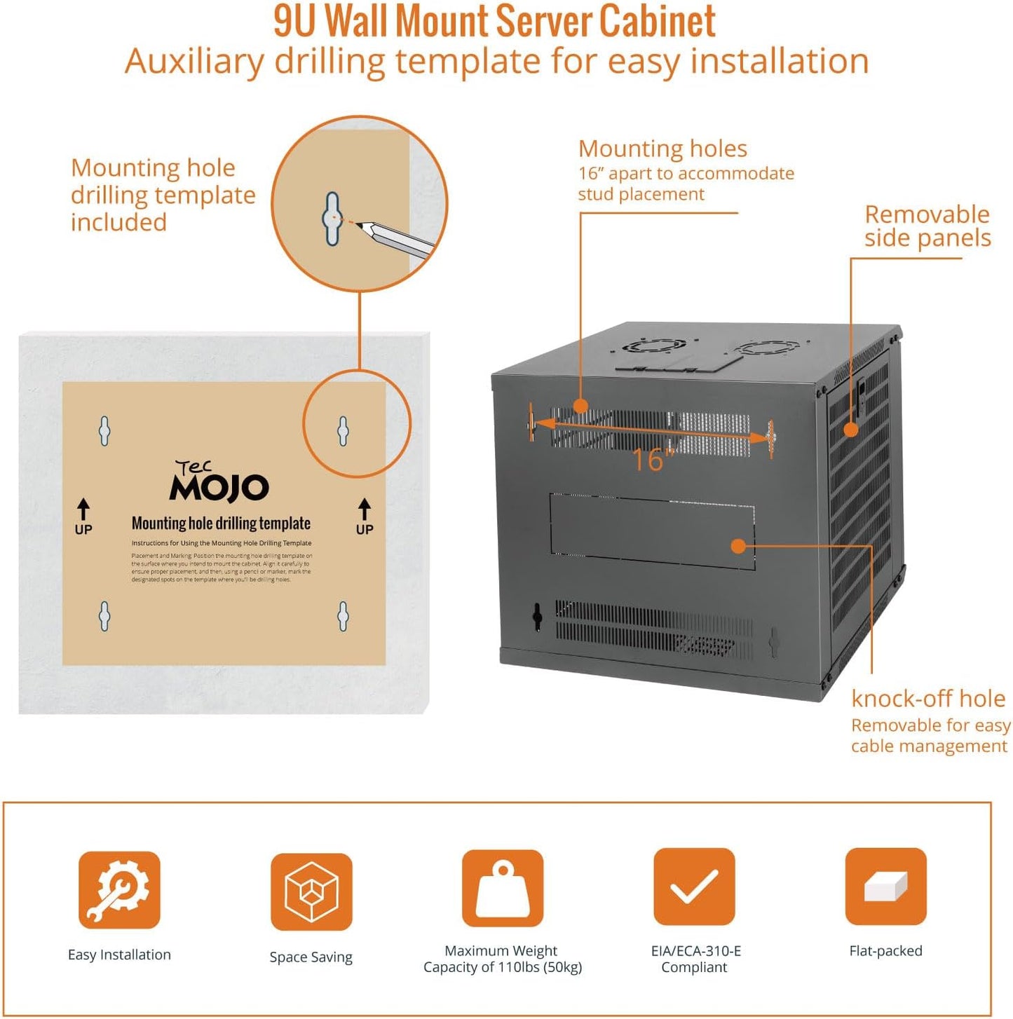 Tecmojo 9U Wall Mount Rack Network Cabinet for 19" IT Equipment,with Lockable Mesh Door and Side Panels,Cooling Fan,17.7inch Depth,Black