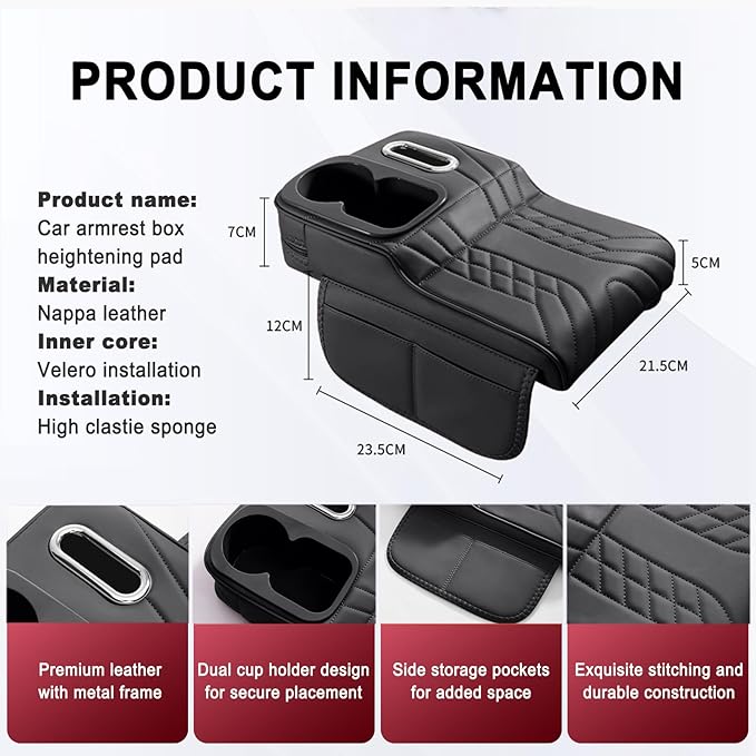Car Armrest Storage Box for Cadillac SRX 2004–2016 2013 2014 2015, Sport-Style Center Console Organizer with Side Pocket, PU Leather Armrest Cushion, Elbow Support Pad,A Black