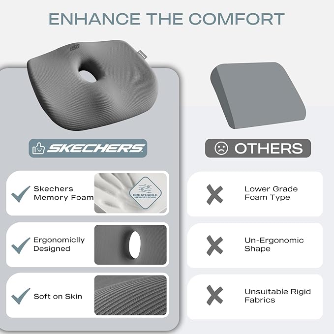 Skechers Seat Cushion Memory Foam,Donut Pillow Office Chair Cushion for Tailbone Pain Relief,Butt Pillow for Office Chair,Car seat Cushion,Long Sitting Office Workers,and Car Drivers,Grey