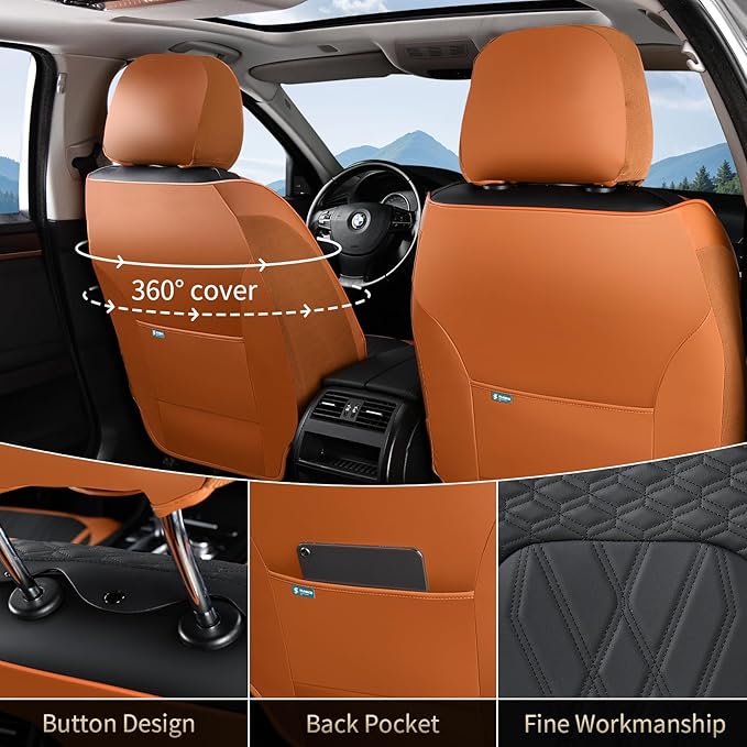 FLORICH Front Seat Covers Leather Seat Covers for Cars Automotive Seat Cover Breathable Waterproof Full Wrapping Edge Car Seat Protector Cover Universal Fit for Most Car Truck SUV, Brown&Black