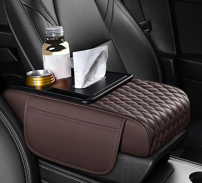 Car Armrest Center Console Cover for Cadillac Escalade 1999–2025, Center Console Pad with Cup Holder, Multifunctional Armrest Cushion,C Coffee