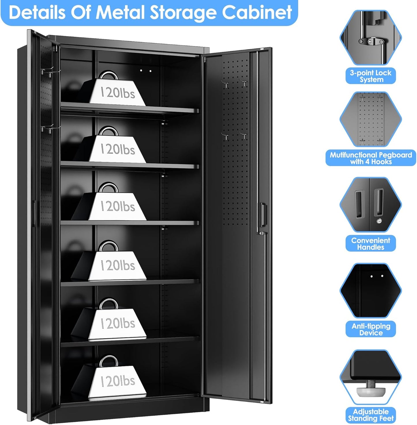 Metal Storage Cabinet with Pegboard 71'' x 34'' x 18'',Lockable Steel Storage Cabinet with 5 Adjustable Shelves and Door for Garage, Office, Kitchen, Assembly Required(Black)