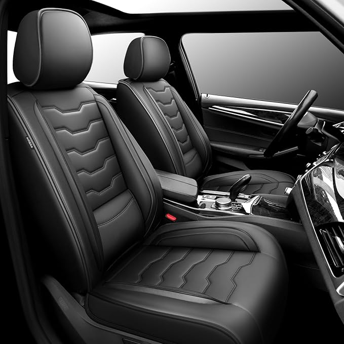 Fit Juke Car Seat Covers Compatible with Nissan Juke 2012-2015 2016 - Premium Leather， Waterproof Breathable， All-Weather Seat Cushion Protecto&Airbag Compatible (2 Front Seat Black)