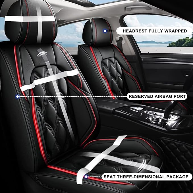AOMSAZTO Front Seat Covers Fit for Cadillac XT5 2017-2026 Waterproof Faux Leather Car Seat Cover Compatible with Airbag(2PCS Front, Black&Redline)
