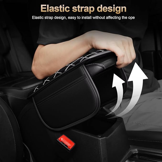 Bling Center Console Cover with 2 Side Pockets Fit for 4Runner Multi-Functional Car Armrest Cushion Diamond-Studded Rhombus Pattern Style(Black&Silver Diamond)