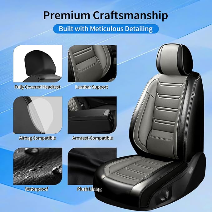 Fit CRV Car Seat Covers for Select Honda CR-V 2011-2026 - Premium Full Coverage Leather, Airbag Compatible, Waterproof & All Weather Seat Protector, Airbag Compatible, Front Pair Black+Gray