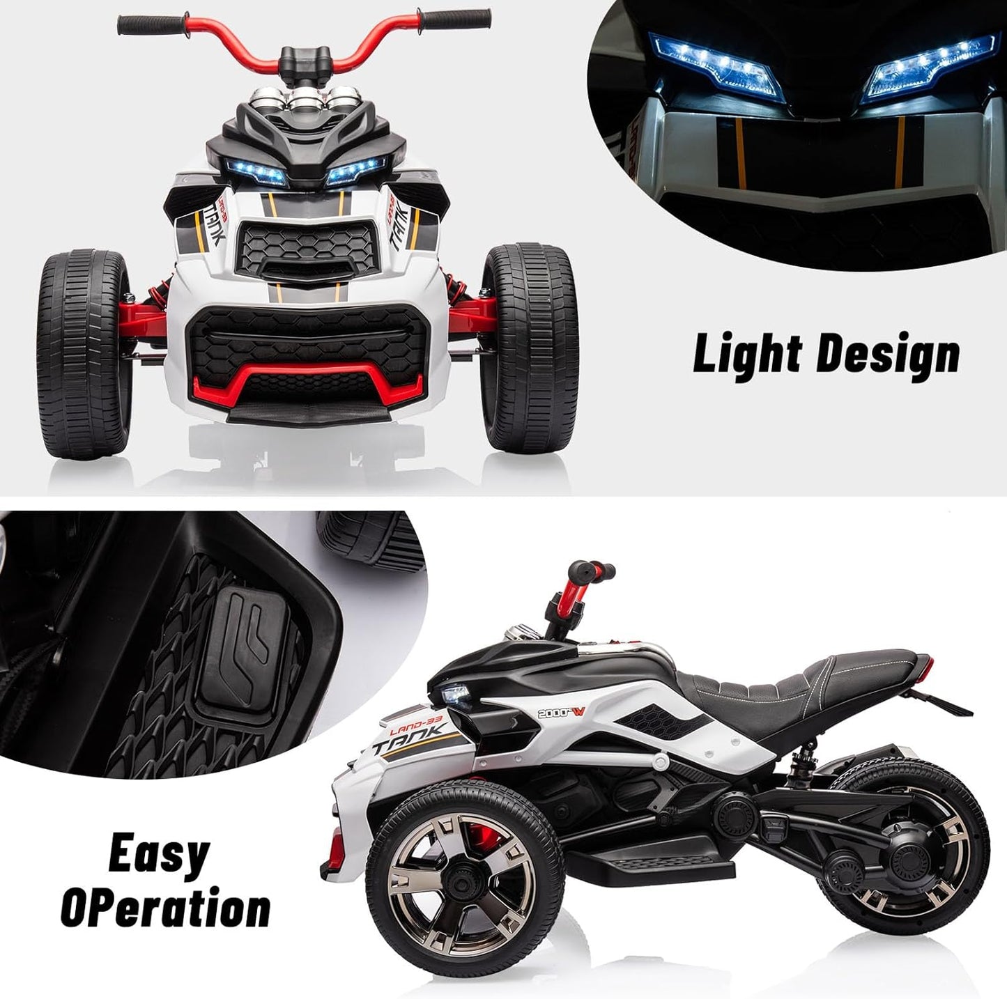 12V Kids Electric Ride-On Car with Parent Remote Control, 7MPH, 2 Speeds, 2x55W Motor, LED Lights, Music, USB & EVA Tires, 3 Wheel Battery Powered Toy Vehicle for Toddlers (White1)