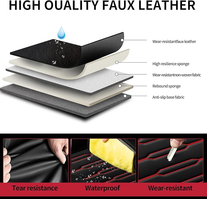 Fit Kona Car Seat Covers for Hyundai Kona 2018-2024 2025 2026 - Upgraded Premium Waterproof & Breathable Leather, Airbag Compatible, All-Weather Seat Cushion Protector(2 Front/Black+Red)