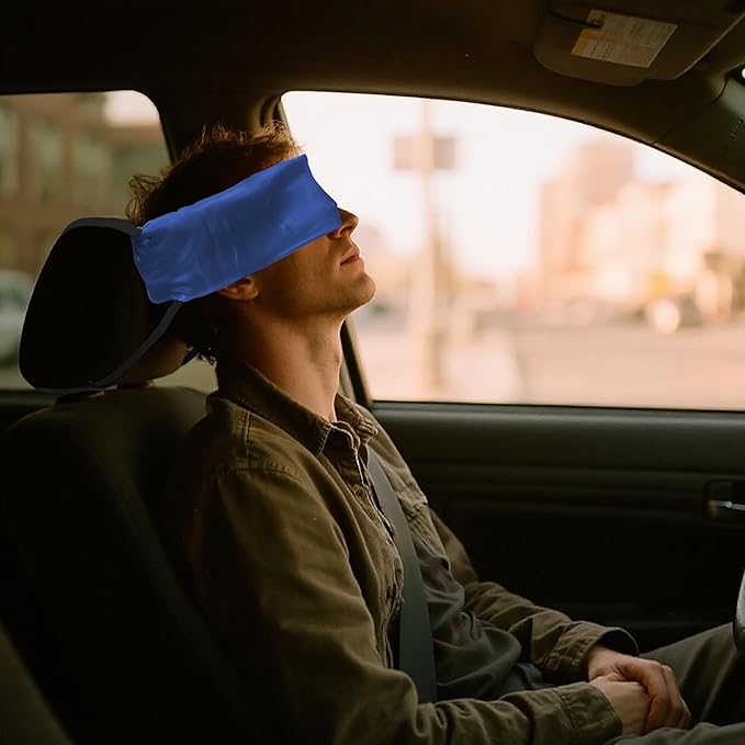 Travel Pillows for Airplanes, Airplane Head Strap with Silk Eye Mask for Sleeping, Long Flights & Car Road Trips 360°Headrest Neck Support, Stops Bobbing, Small & Compact（Blue）