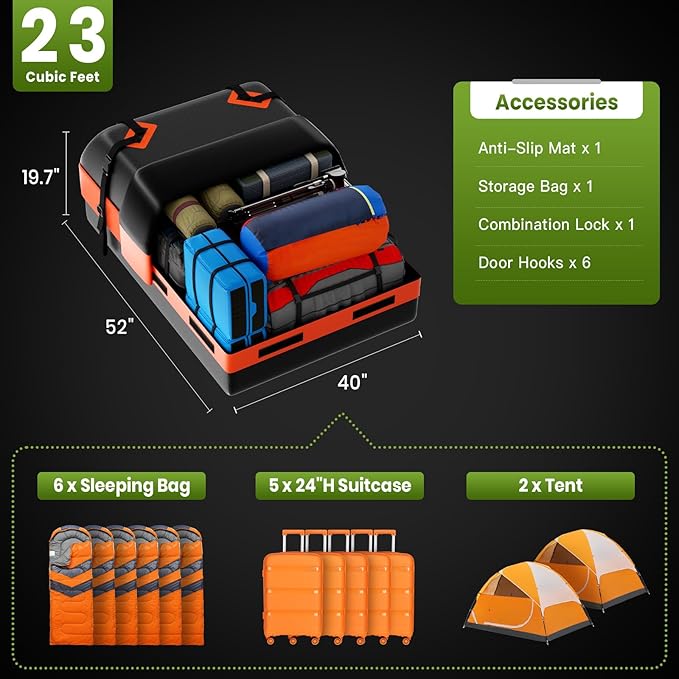 23 Cubic Feet Car Rooftop Cargo Bag Carrier, Soft Roof Top Luggage Bag for All Vechicles with/Without Racks - with Waterproof Zip, Luggage Lock, Anti-Slip Mat, Storage Bag, Door Hooks
